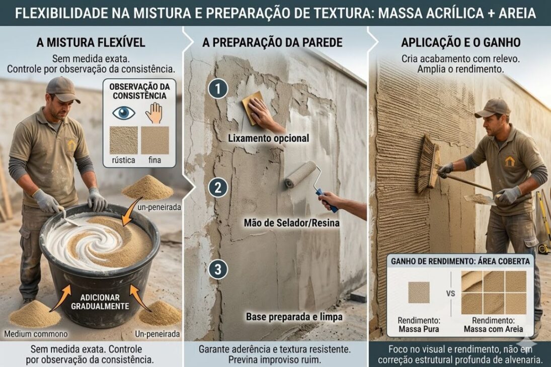 Mistura simples com massa acrílica, areia comum e vassoura velha cria textura resistente, melhora o rendimento e pode baratear o acabamento de paredes internas e externas.