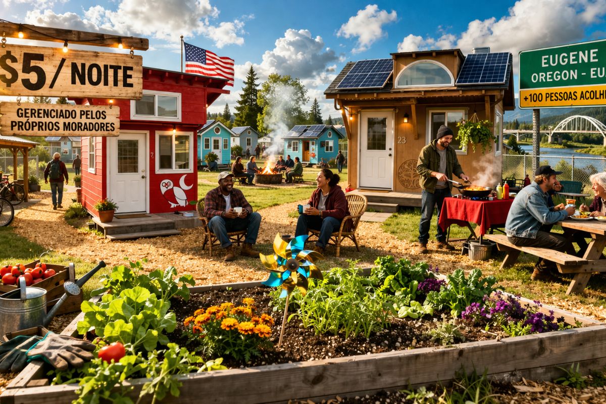 microcasas na Opportunity Village: moradia de transição com autogestão por US$ 5; modelo inspirou a Emerald Village em Eugene.