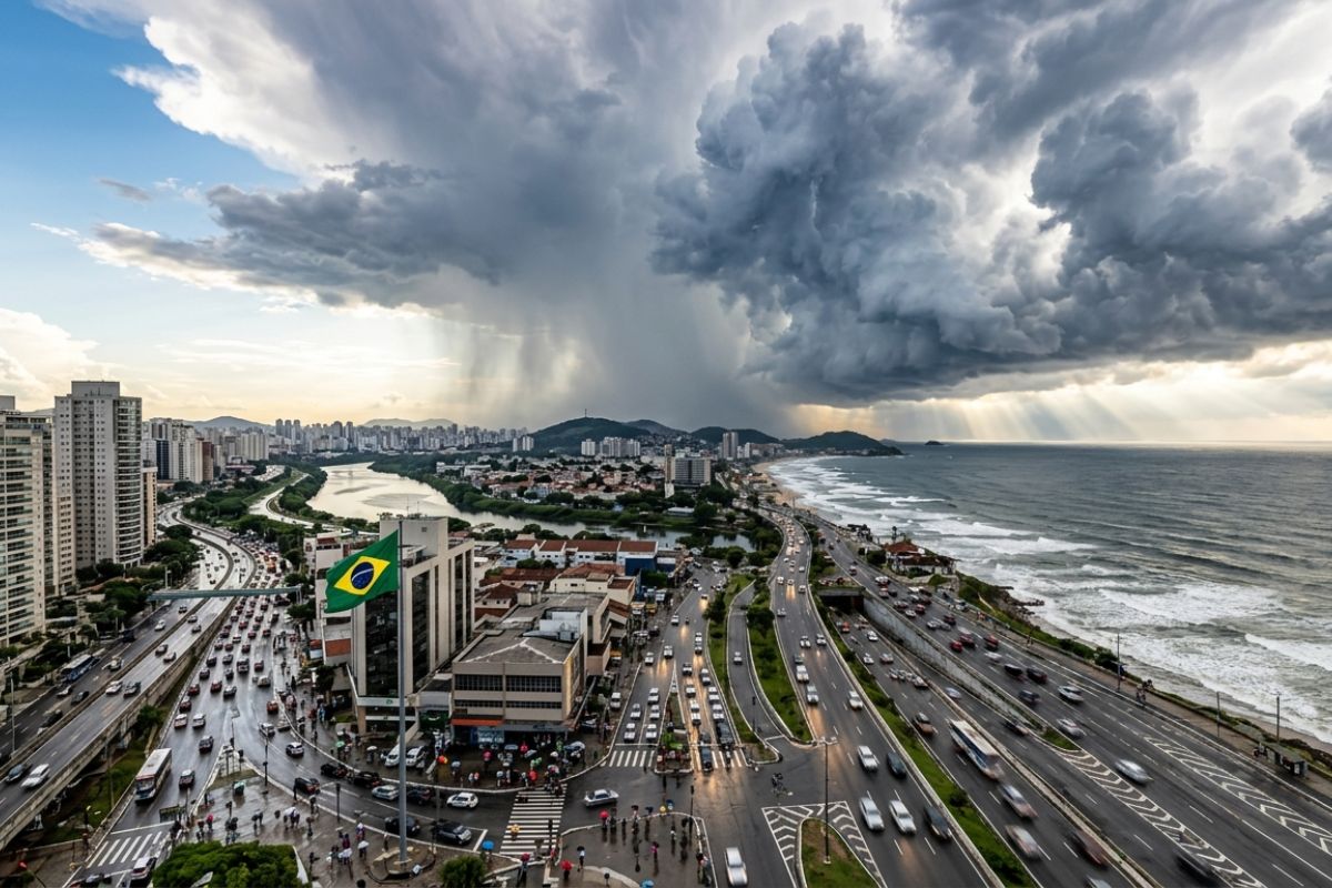 Virada do tempo chega amanhã chuvas fortes e temporais voltam ao Centro-Sul após semana quente, com VCAN na costa trazendo instabilidade entre SC, PR e Sudeste