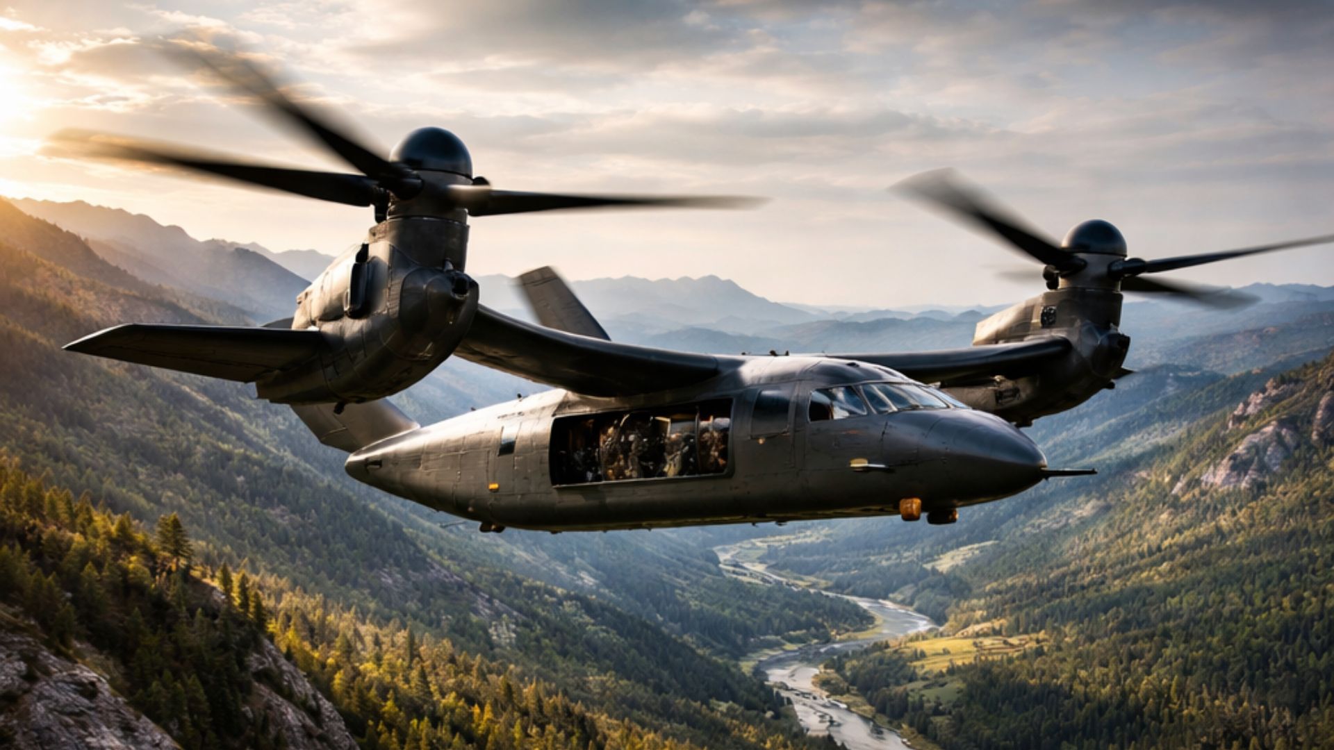 Aeronave multifuncional MV 75 do Exército dos EUA em voo sobre região montanhosa com tecnologia tiltrotor, destacando velocidade elevada e capacidade de transporte em ambiente de guerra moderna