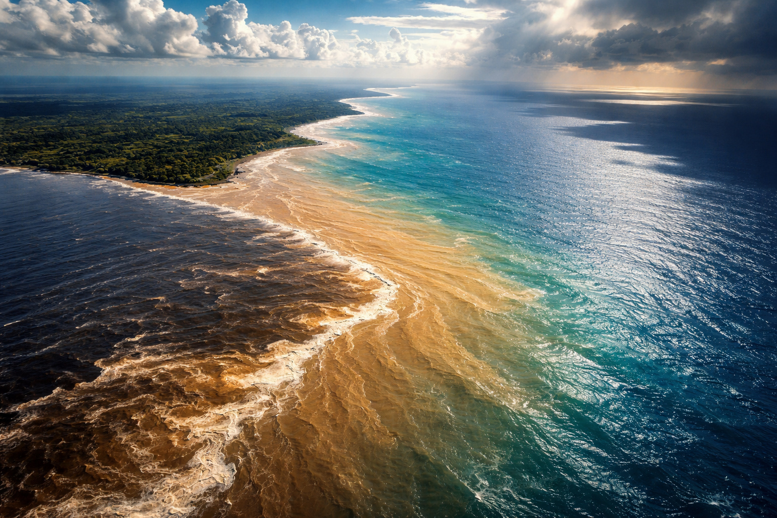 Quase ninguém sabe disso, mas o Rio Amazonas despeja cerca de 220 mil m³ de água por segundo no Atlântico, mais do que qualquer outro rio do planeta e cria uma gigantesca faixa de água com baixa salinidade que se estende por até 160 km da costa brasileira