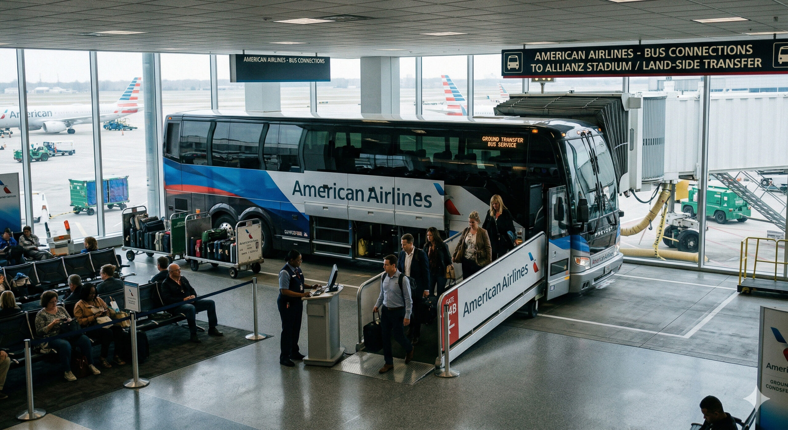 American Airlines começa a vender viagens como se fossem voos, com check-in e despacho de bagagem no aeroporto, mas em rotas curtas passageiros embarcam em ônibus de luxo conectando cidades a grandes hubs nos EUA