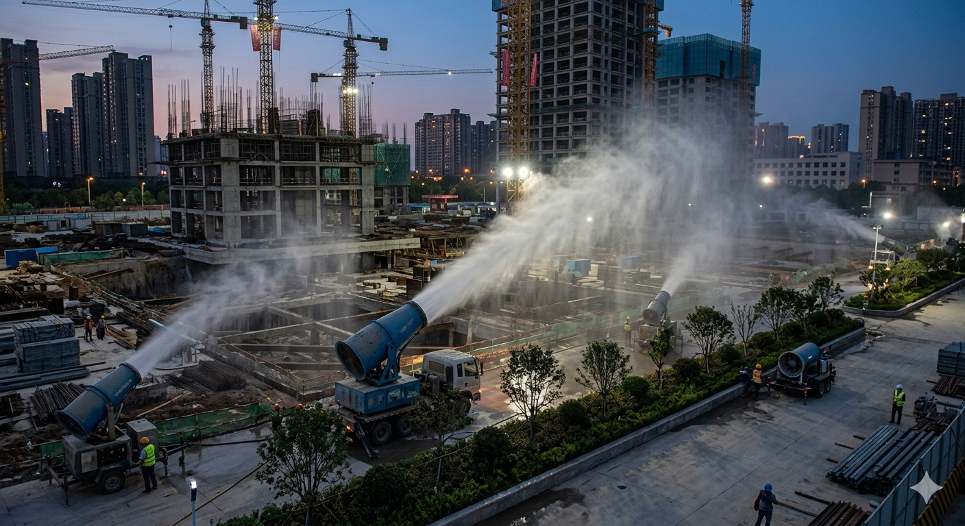 Cidades chinesas começaram a instalar canhões nos canteiros de obras que disparam névoa atomizada com alcance de 120 metros para derrubar partículas de poeira no ar; o equipamento reduz até 90% da poeira suspensa, e 61 municípios abriram licitações para o sistema em um único ano