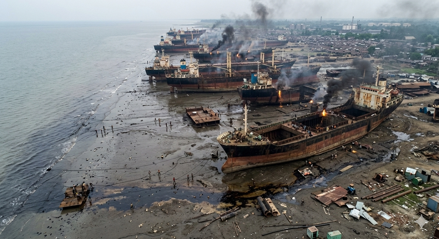 Uma praia de 25 km em Bangladesh desmonta um navio por dia: o maior cemitério de navios do mundo opera com maçaricos a céu aberto, já impactou espécies na Baía de Bengala, gera contaminação por metais pesados e expõe trabalhadores a riscos extremos