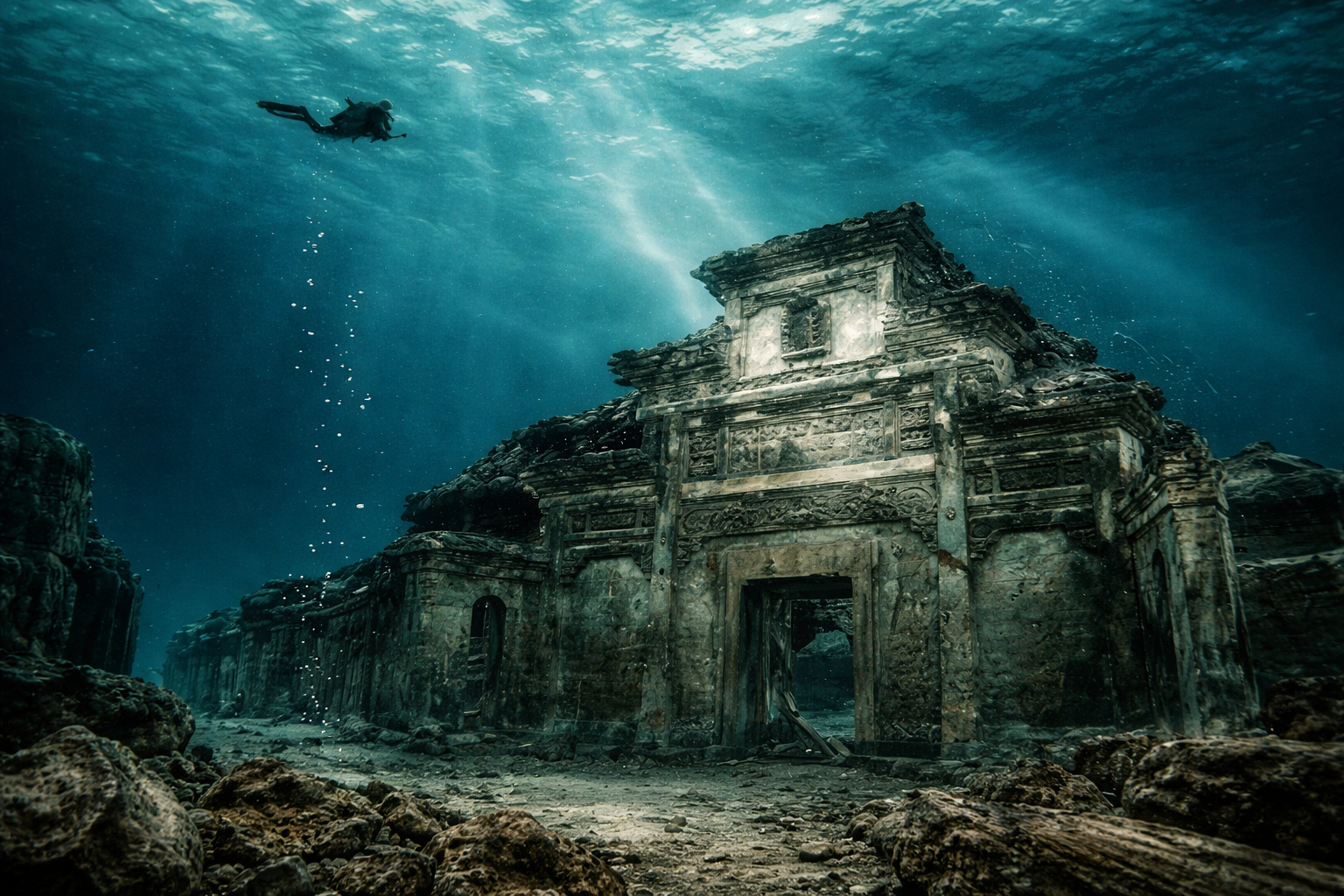 Ruínas submersas de templo na cidade perdida Thonis-Heracleion no Egito com mergulhador explorando estruturas antigas