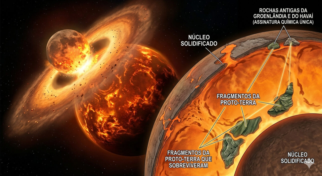 A colisão que criou a Lua há 4,5 bilhões de anos deveria ter fundido completamente o interior da Terra, mas rochas antigas da Groenlândia e do Havaí têm uma assinatura química que só se explica se fragmentos da proto-Terra sobreviveram ao impacto e ainda existem hoje, escondidos no manto