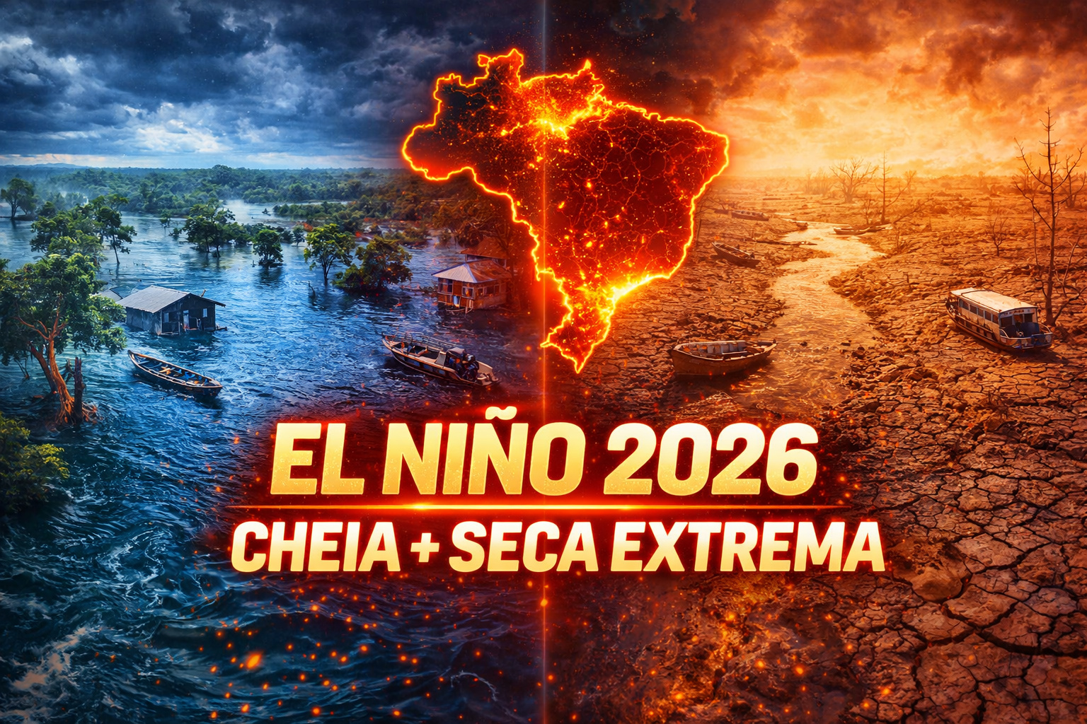 A Amazônia vai inundar e secar em 2026? El Niño chega em maio, com intensidade de moderada a forte; a cheia dos rios será maior que a de 2025 e a vazante que vem logo depois pode comprometer a navegação, o abastecimento e a pesca de comunidades isoladas, sem estrada, sem seguro e sem alternativa de deslocamento