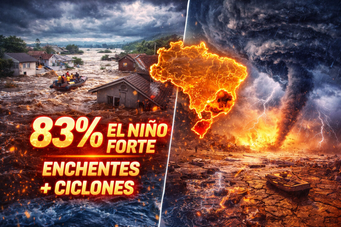 A NOAA projeta 83% de chance de El Niño de forte intensidade no segundo semestre, e a MetSul Meteorologia alerta: o fenômeno pode repetir o padrão de 2024, associado às enchentes no Rio Grande do Sul, com semanas de chuva acima da média, risco de enchentes generalizadas e ciclones no Sul do Brasil a partir da primavera