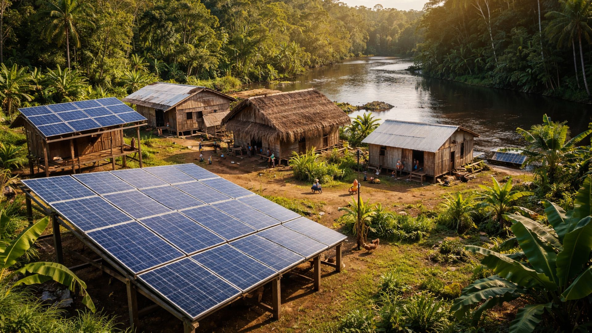 Comunidade isolada na Amazônia com casas simples e painéis solares instalados, representando acesso à energia limpa em região remota cercada pela floresta
