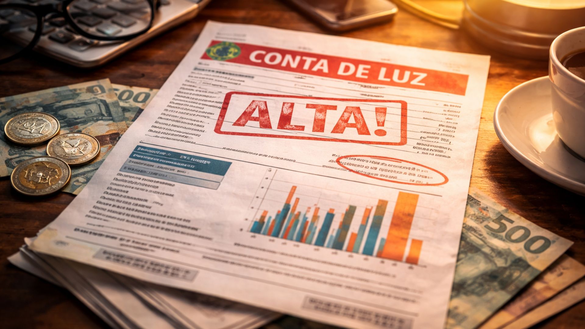 Conta de luz sobre mesa com valor elevado destacado em vermelho, cercada por dinheiro e objetos domésticos, representando custo alto da energia no Brasil