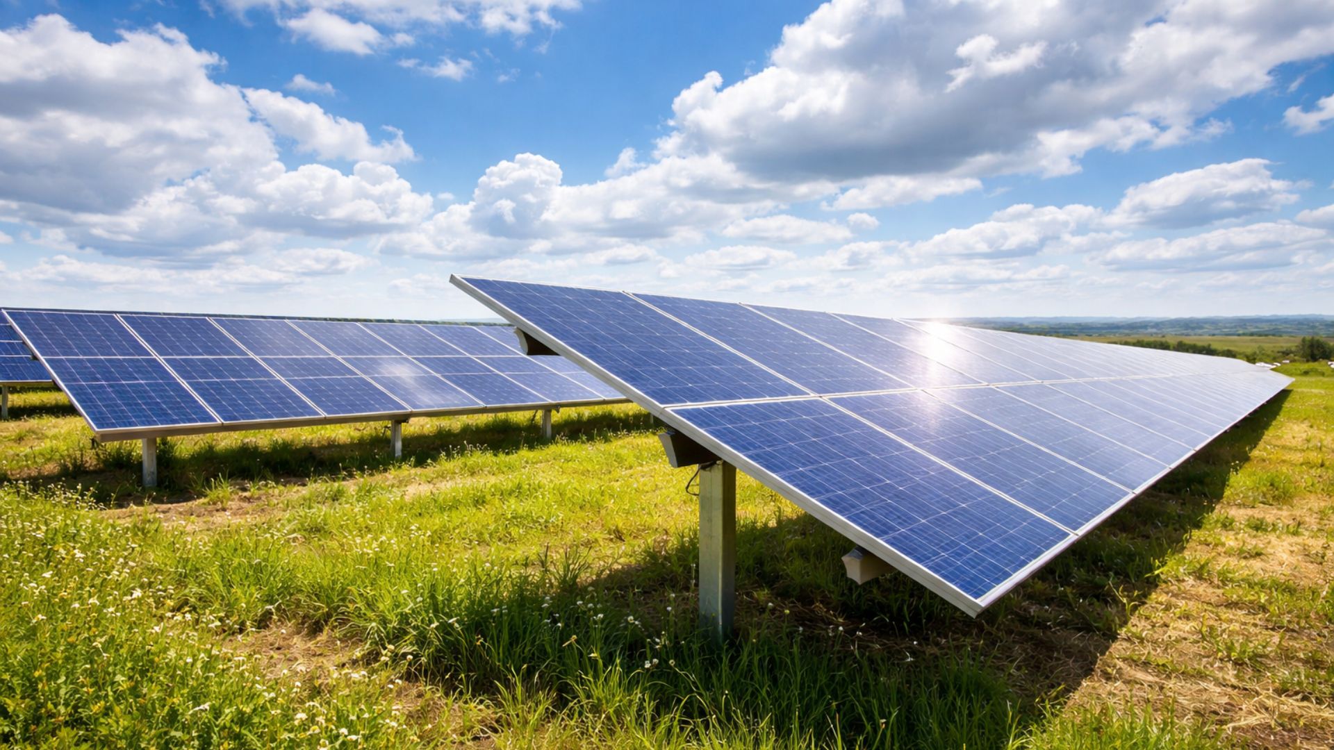 Painéis solares instalados em área aberta gerando energia renovável, representando investimentos da Deso em sustentabilidade e eficiência energética no saneamento de Sergipe.