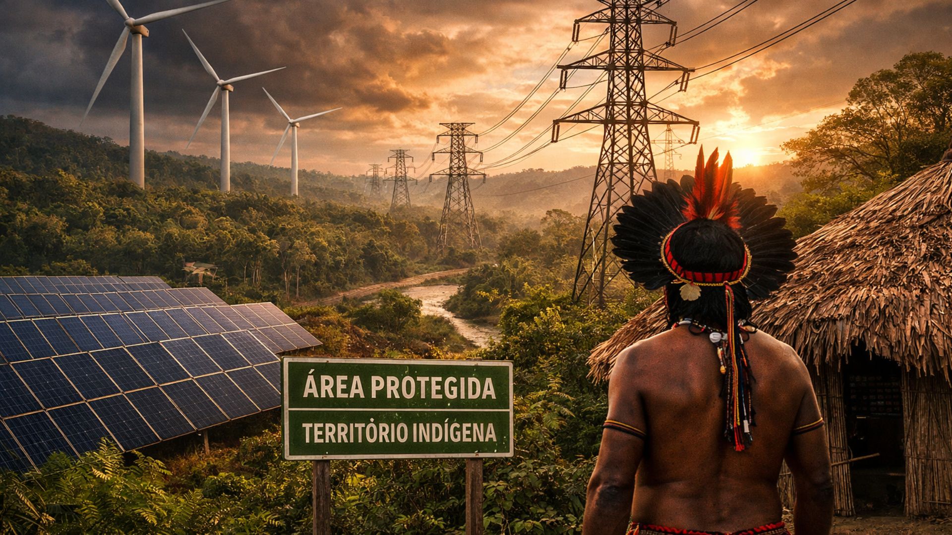 Torres de energia eólica, painéis solares e linhas de transmissão avançam sobre área de floresta com placa de território indígena, simbolizando impactos da energia renovável em áreas protegidas no Brasil