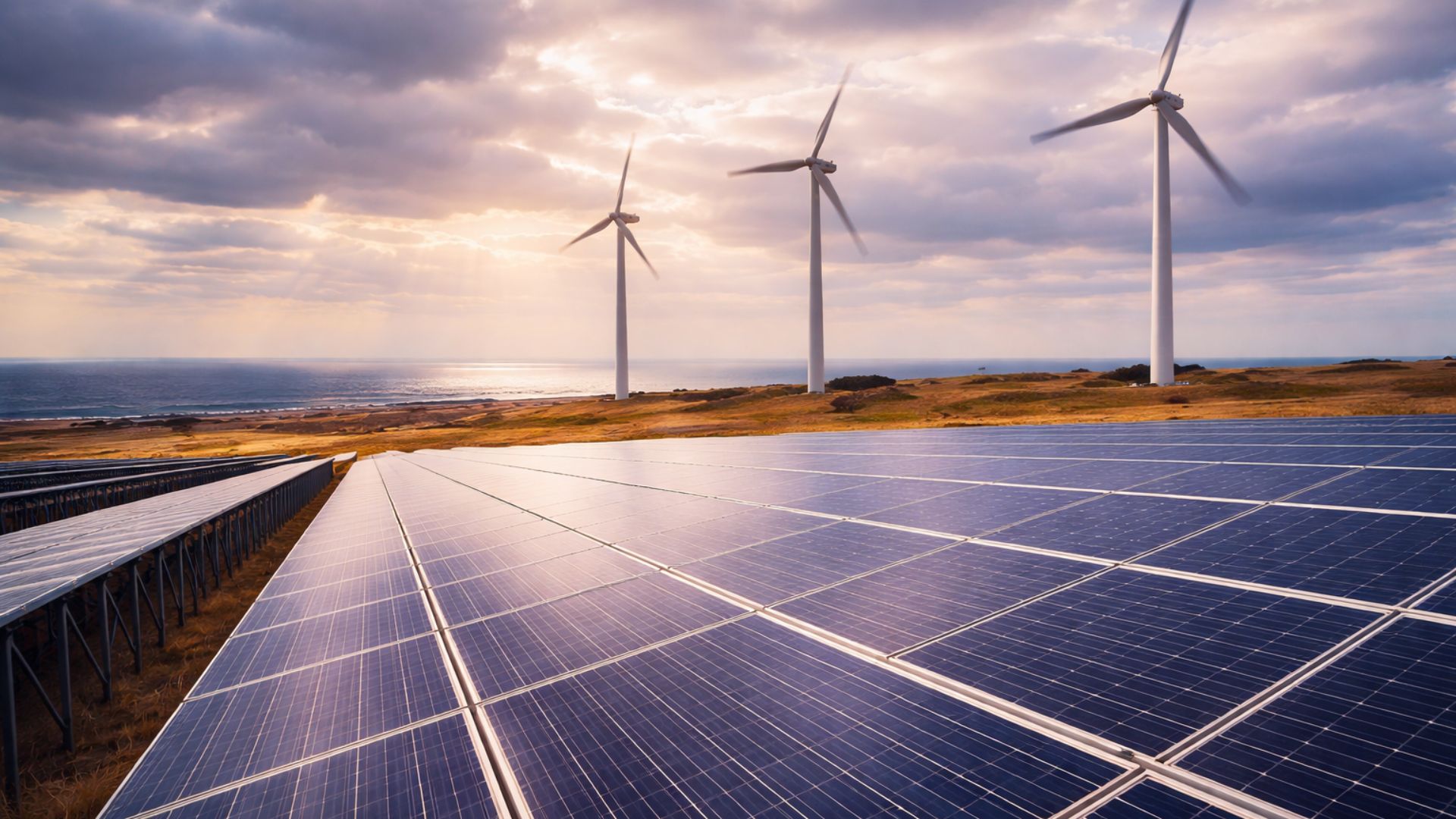 Parque de energia renovável no Brasil com painéis solares em primeiro plano e turbinas eólicas em funcionamento ao fundo sob céu parcialmente nublado