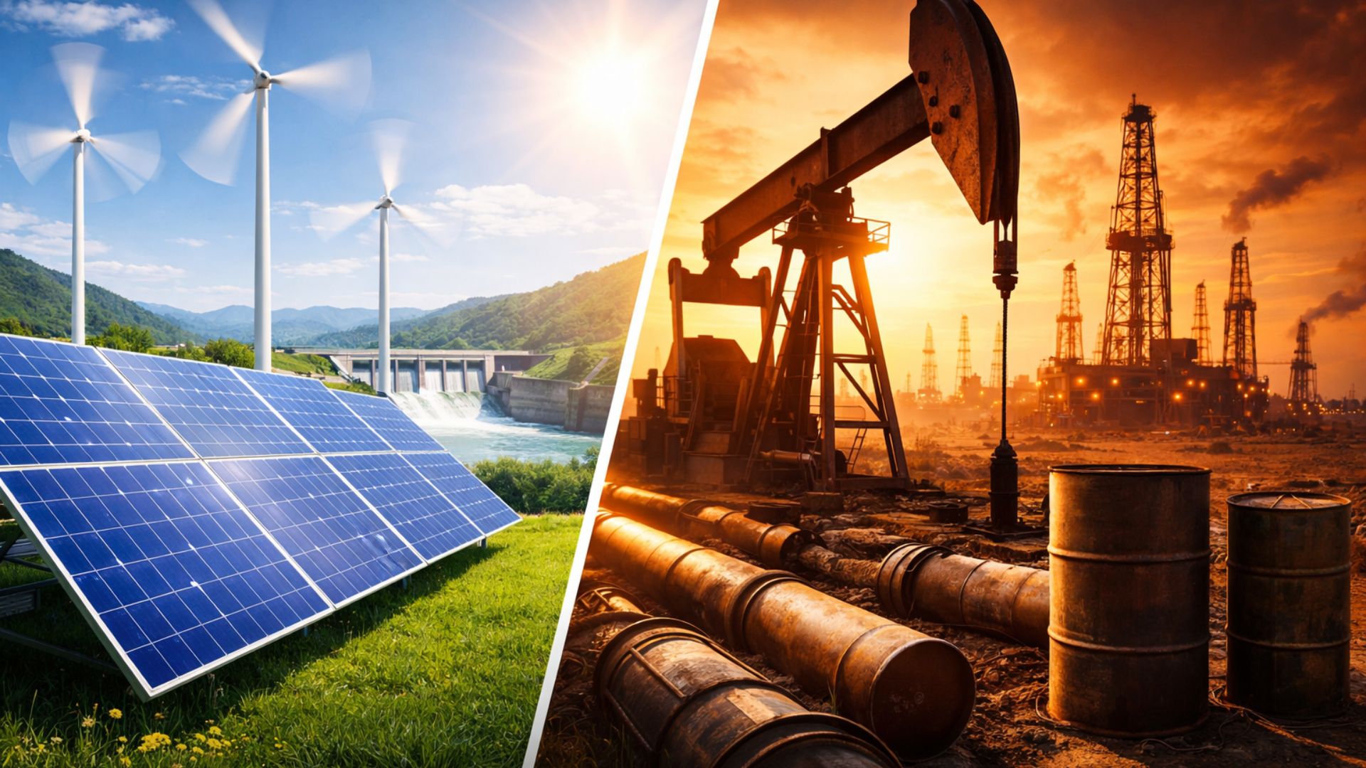 Painéis solares e turbinas eólicas em funcionamento ao lado de barragem representam energias renováveis, contrastando com bomba de petróleo e refinaria em cenário industrial.