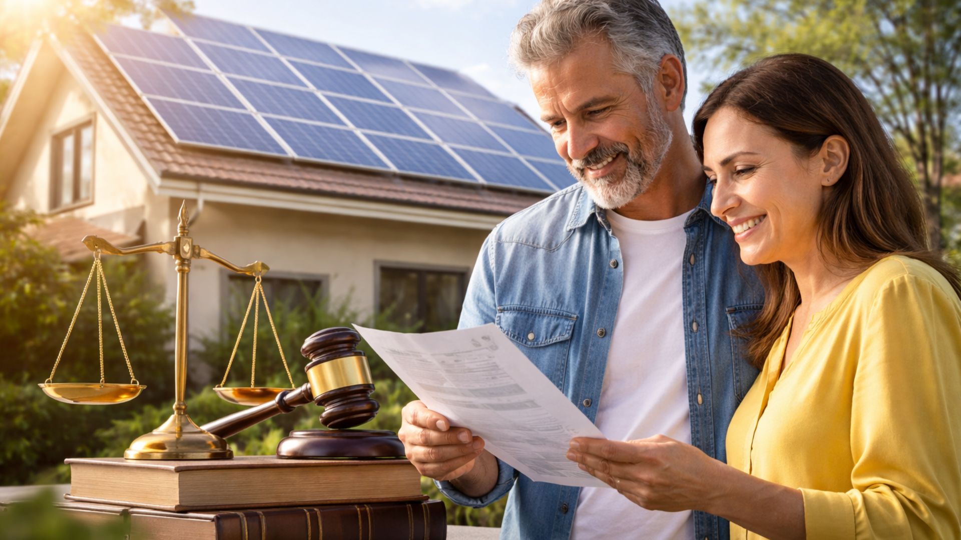 Consumidor analisa conta de energia em frente a casa com painéis solares enquanto símbolo da justiça representa decisão que suspende ICMS sobre energia solar no RN