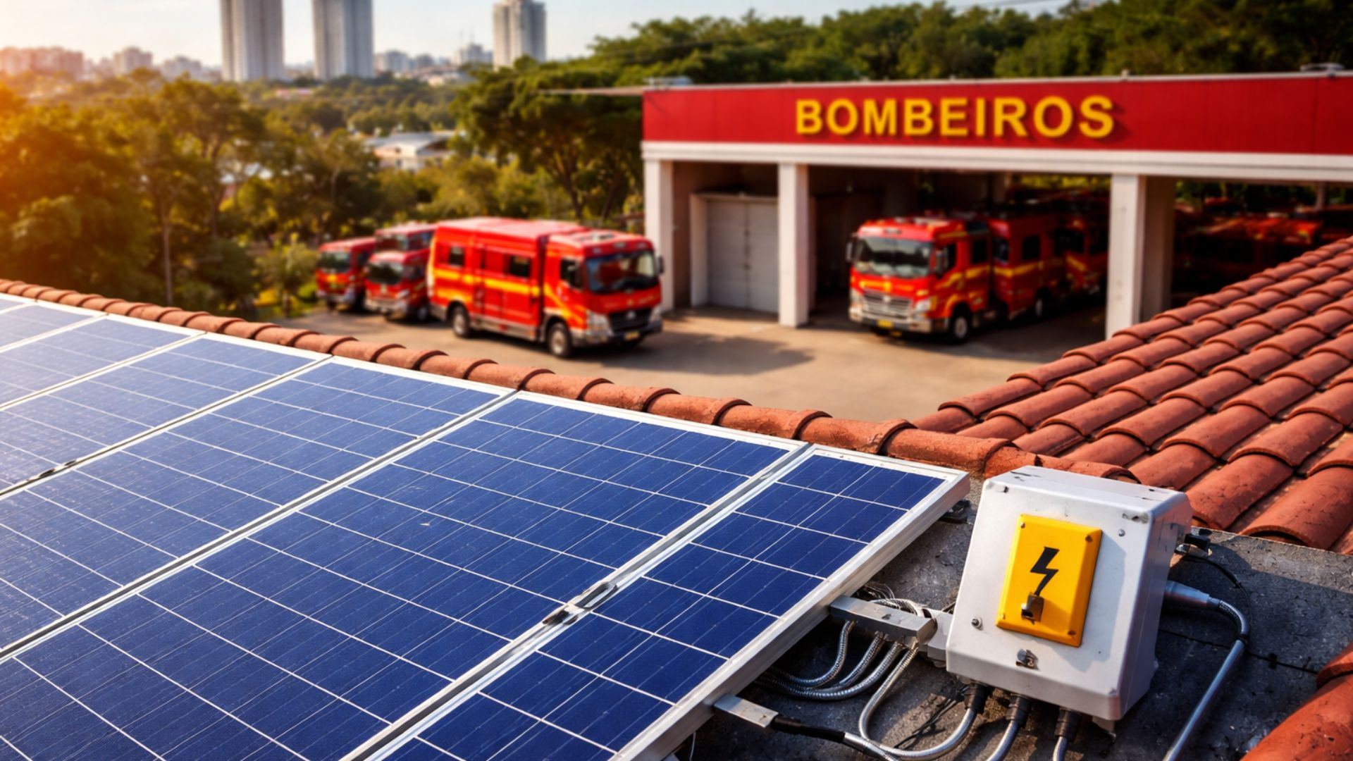 Painéis de energia solar instalados em telhado com dispositivo de segurança elétrica em destaque e quartel do Corpo de Bombeiros ao fundo com viaturas estacionadas
