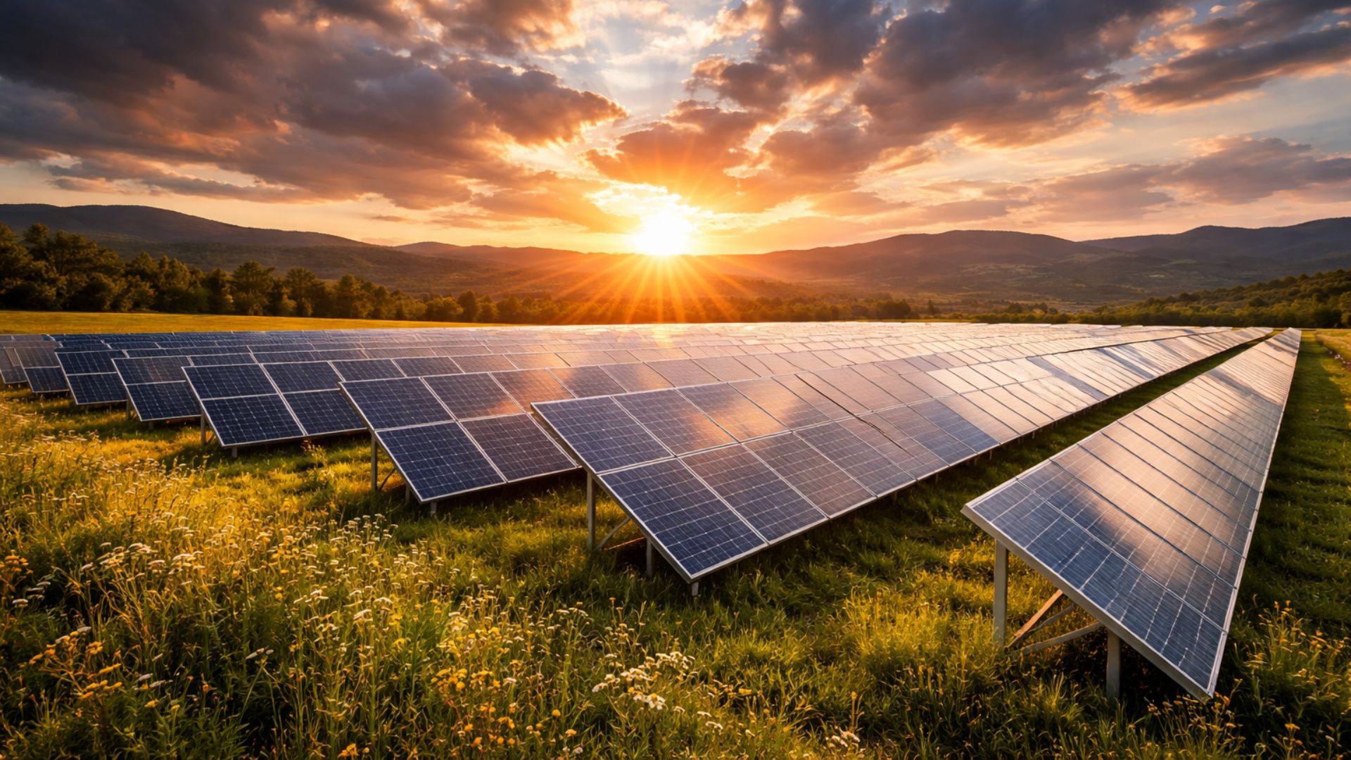 Painéis solares instalados em campo aberto durante pôr do sol, representando o crescimento da energia solar em Minas Gerais e o avanço da energia limpa sustentável no Brasil.