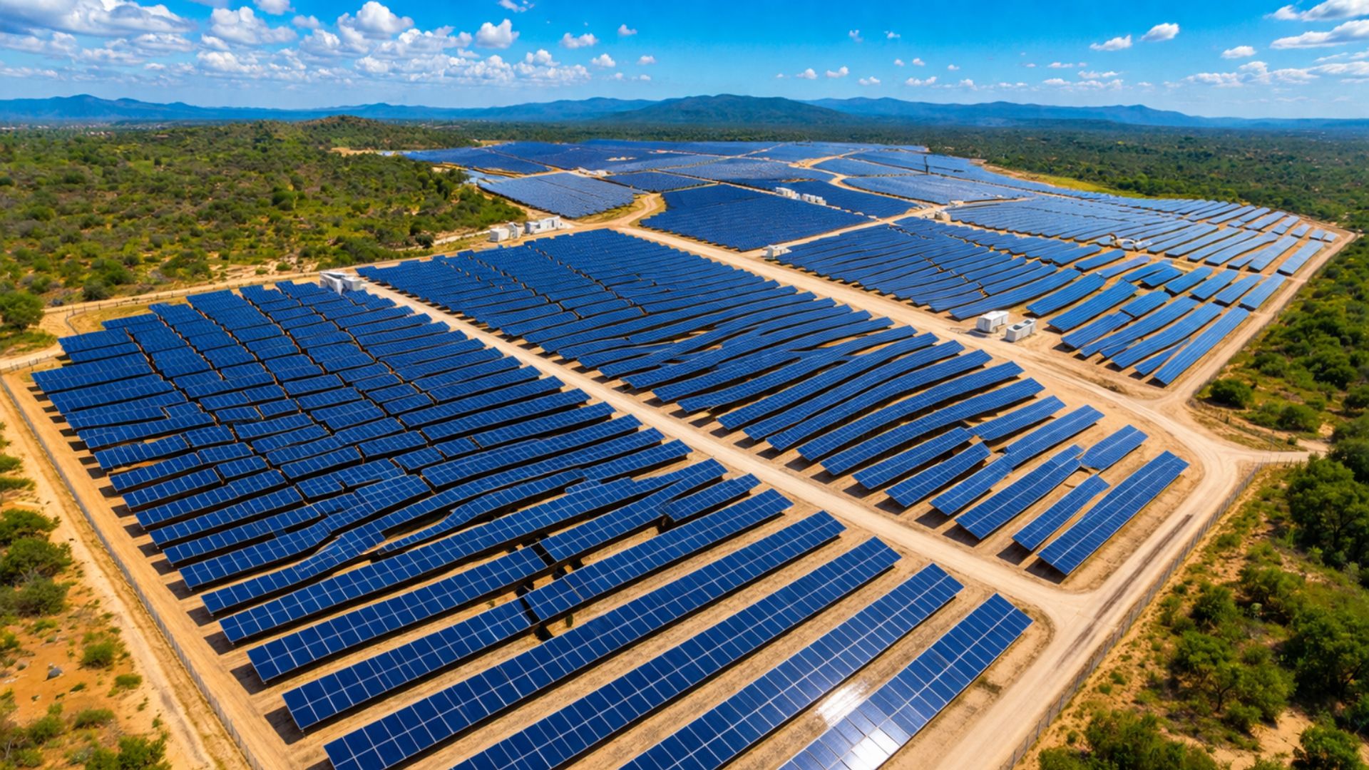 Complexo fotovoltaico com milhares de painéis solares em Pernambuco, representando a operação do Sol do Agreste e a expansão da energia solar no Brasil