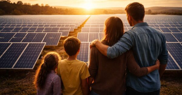 Família observando uma grande usina de energia solar ao pôr do sol, representando economia na conta de luz e uso de tecnologia limpa no Brasil