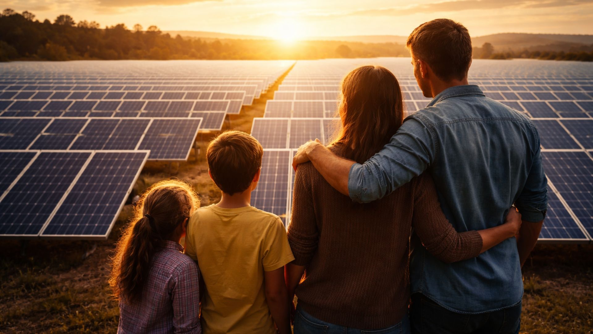 Família observando uma grande usina de energia solar ao pôr do sol, representando economia na conta de luz e uso de tecnologia limpa no Brasil