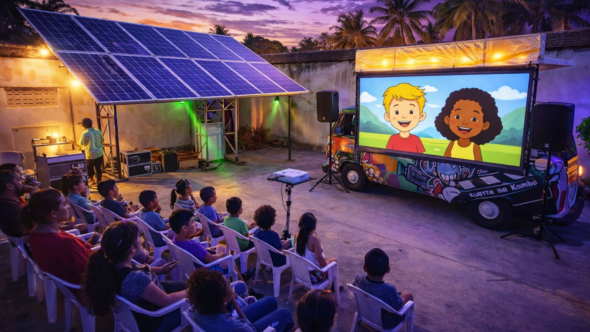 Cinema itinerante movido a energia solar em comunidade, com público assistindo filme ao ar livre e painéis solares ao lado da estrutura.