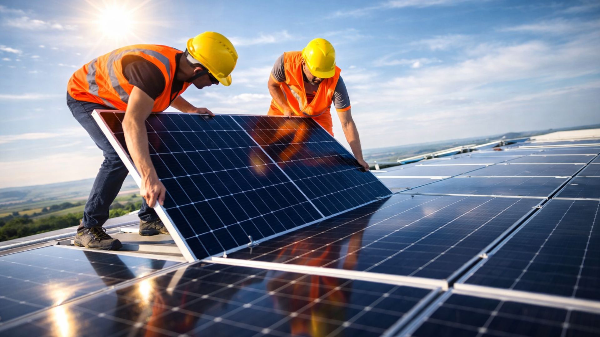 Técnicos instalam painel solar em telhado com equipamentos de segurança, destacando o crescimento da energia solar no Brasil e expansão da geração renovável.