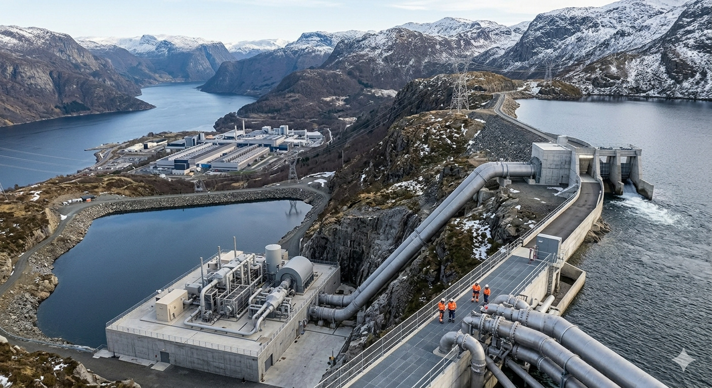 Enquanto o mundo discute baterias de lítio, a Noruega investe mais de R$ 1,3 bilhão em uma “bateria de água” que bombeia energia 360 metros morro acima, armazena até 107 GWh e garante eletricidade estável para a indústria de alumínio no inverno