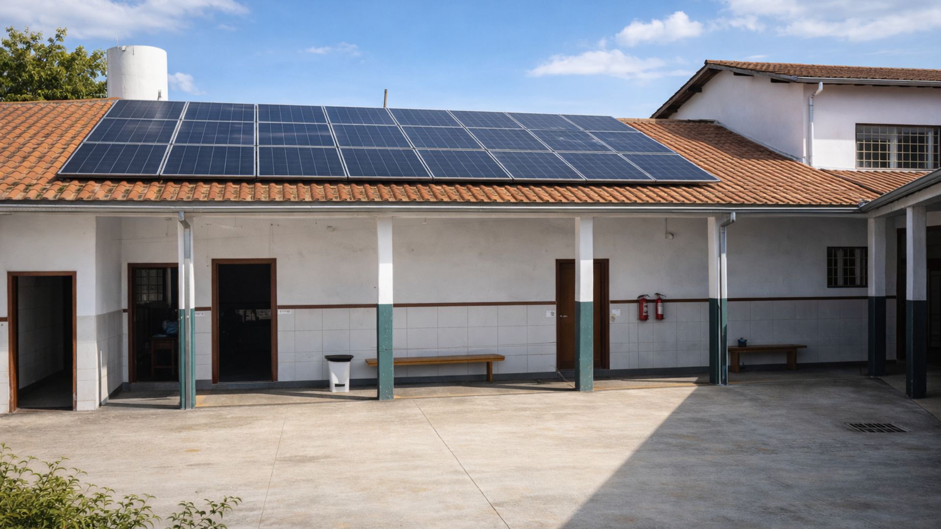 Escola pública com painéis solares instalados no telhado, mostrando estrutura modernizada para geração de energia limpa em ambiente educacional no Paraná