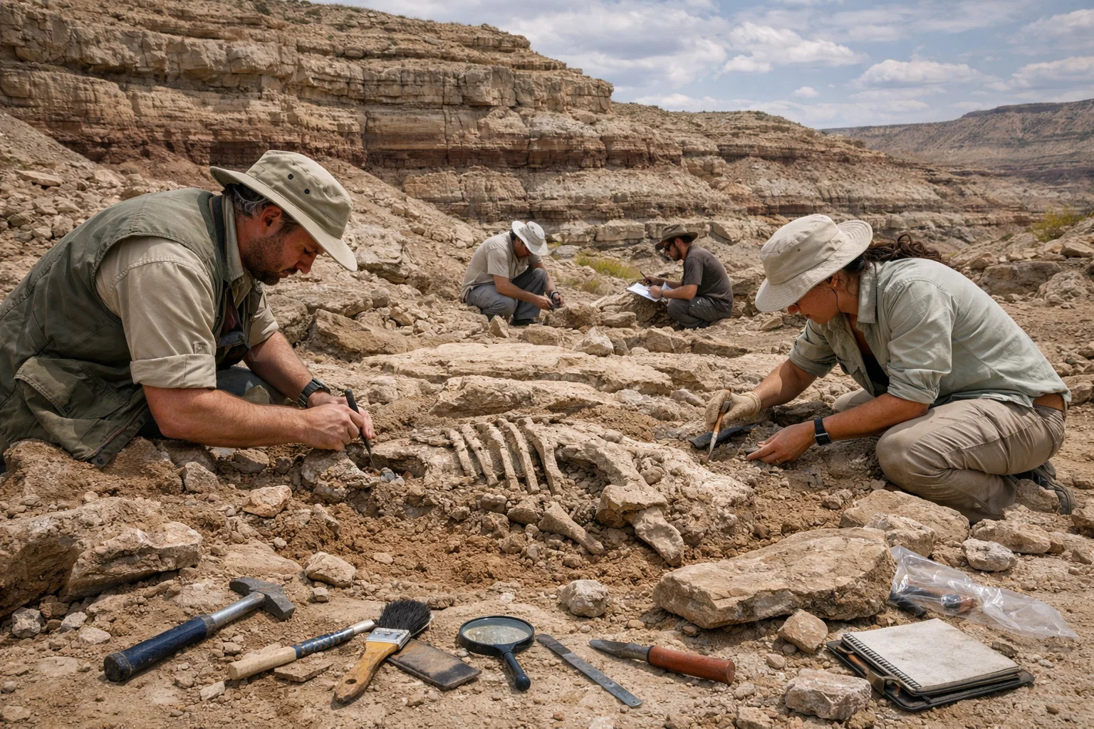 Paleontólogos escavando rochas sedimentares em busca de fósseis de dinossauros e organismos antigos.