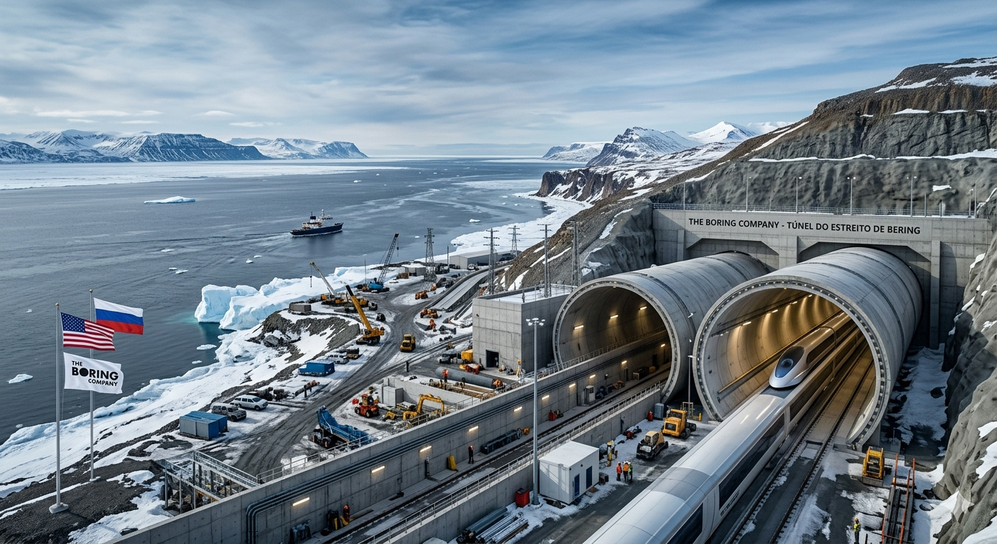 Há 150 anos, engenheiros propõem ligar a Rússia ao Alasca por 82 km de oceano Ártico; o czar Nicolau II aprovou o projeto em 1905, Putin voltou a aprová-lo em 2008, e, em outubro de 2025, um enviado russo propôs batizar a obra de "Túnel Putin-Trump" e pediu que Elon Musk a construísse