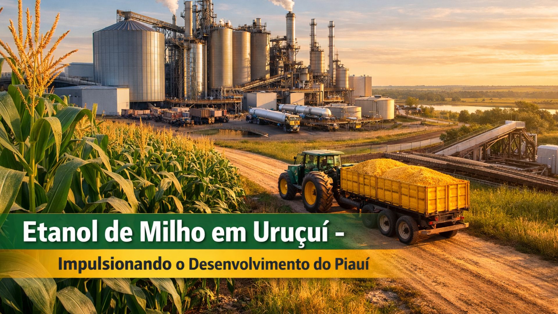 Usina de etanol de milho em Uruçuí com silos industriais ao fundo, plantação de milho em primeiro plano e trator transportando carga ao entardecer.