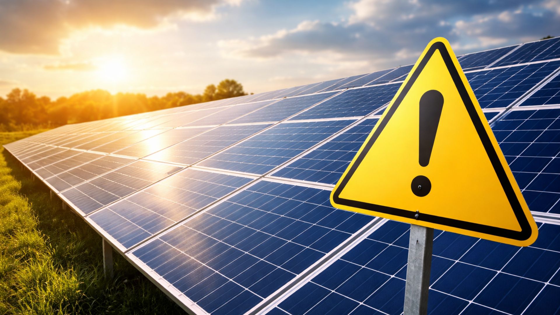 Usina de energia solar com fileiras de painéis fotovoltaicos sob forte luz do sol e placa de alerta amarela indicando risco de sobrecarga no sistema elétrico brasileiro