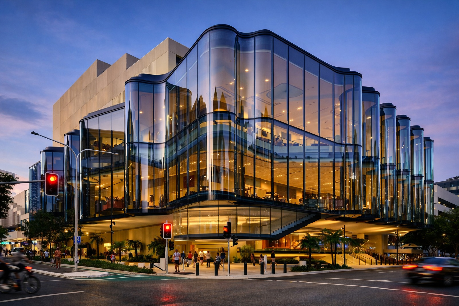 fachada feita de vidro ondulado de novo teatro da Austrália