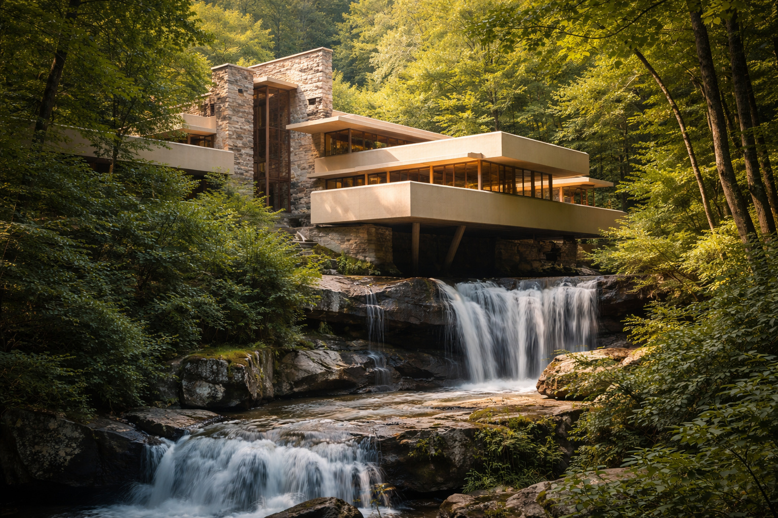 Casa Fallingwater construída sobre cachoeira ativa na floresta de Bear Run, com terraços em balanço e integração total com a natureza