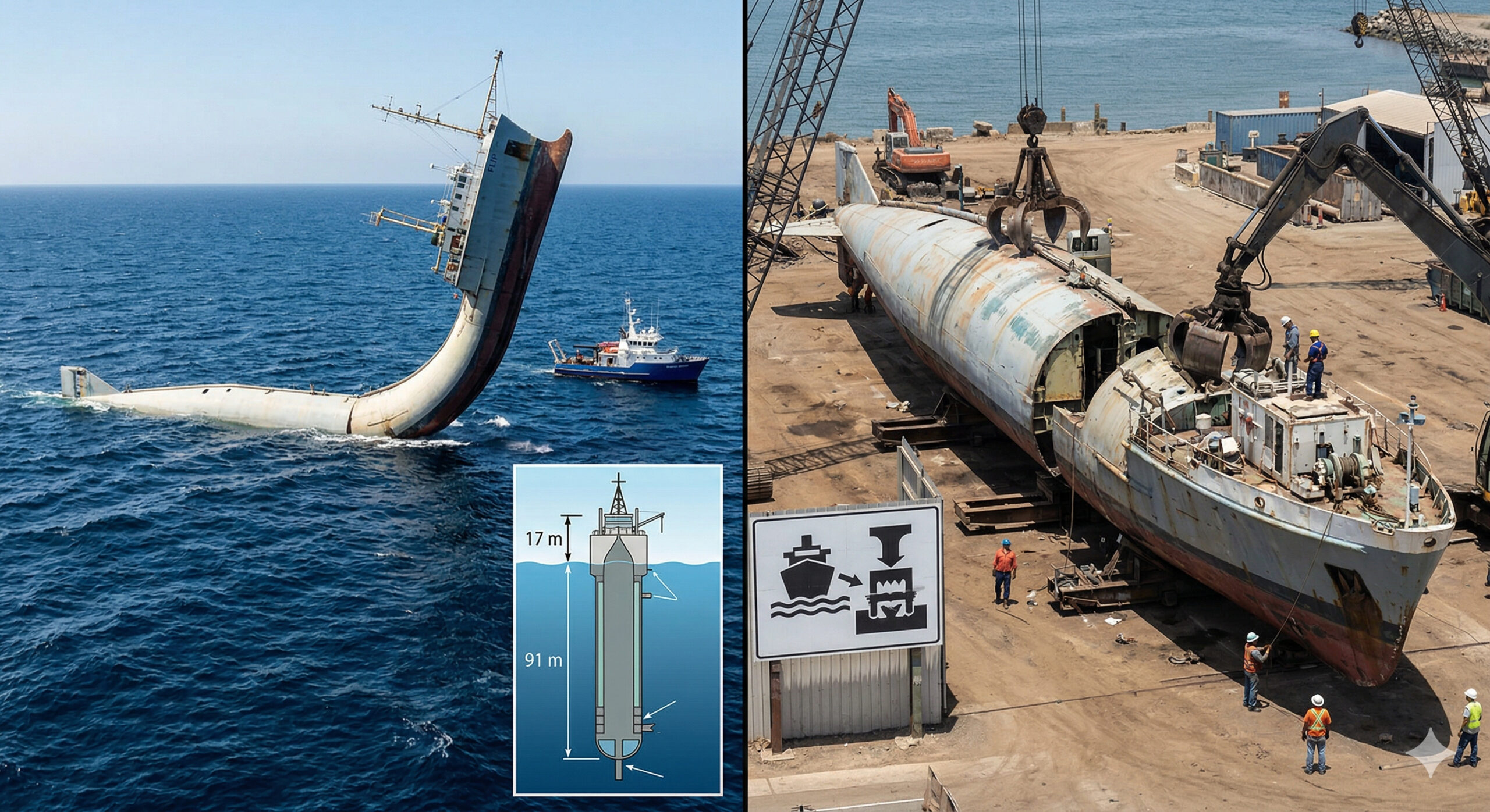 Com 108 metros de comprimento e formato de colher gigante, o FLIP era o único navio do mundo capaz de girar 90 graus no oceano e ficar na vertical, com 91 metros submersos, operando assim por 60 anos até ser aposentado e enviado ao ferro-velho em 2023