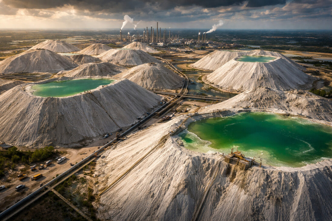 A Flórida abriga mais de 1 bilhão de toneladas de fosfogesso acumuladas em gigantescas pilhas industriais chamadas gyp stacks. Esses depósitos crescem 30 milhões de toneladas por ano e representam um desafio ambiental histórico.