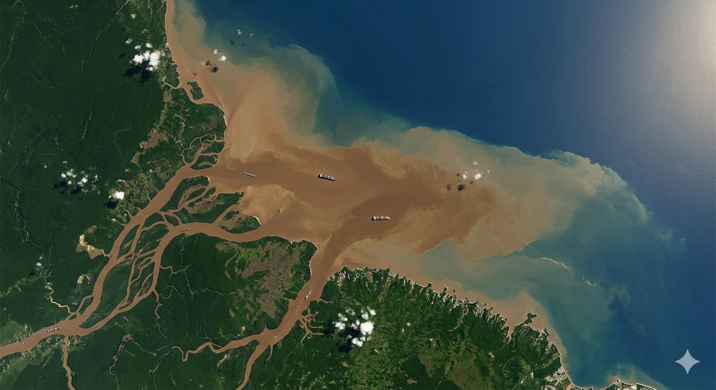 Quase ninguém sabe disso, mas o Rio Amazonas despeja cerca de 220 mil m³ de água por segundo no Atlântico, mais do que qualquer outro rio do planeta e cria uma gigantesca faixa de água com baixa salinidade que se estende por até 160 km da costa brasileira