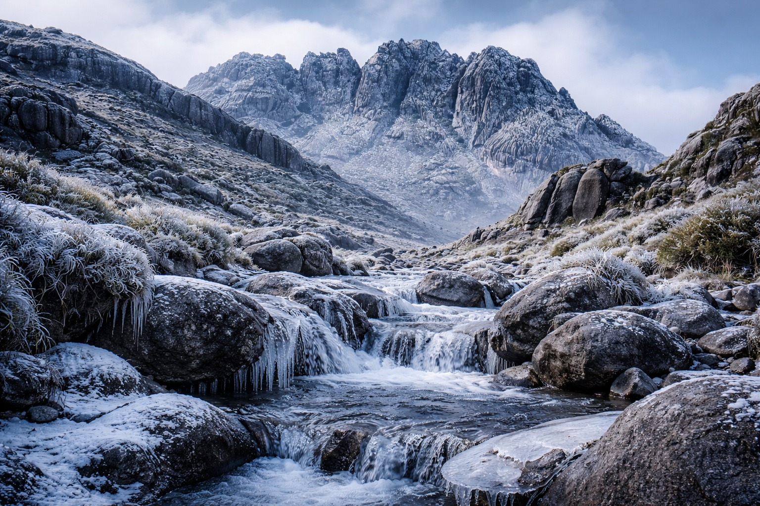 Parque Nacional do Itatiaia com geada e temperatura negativa durante amanhecer frio