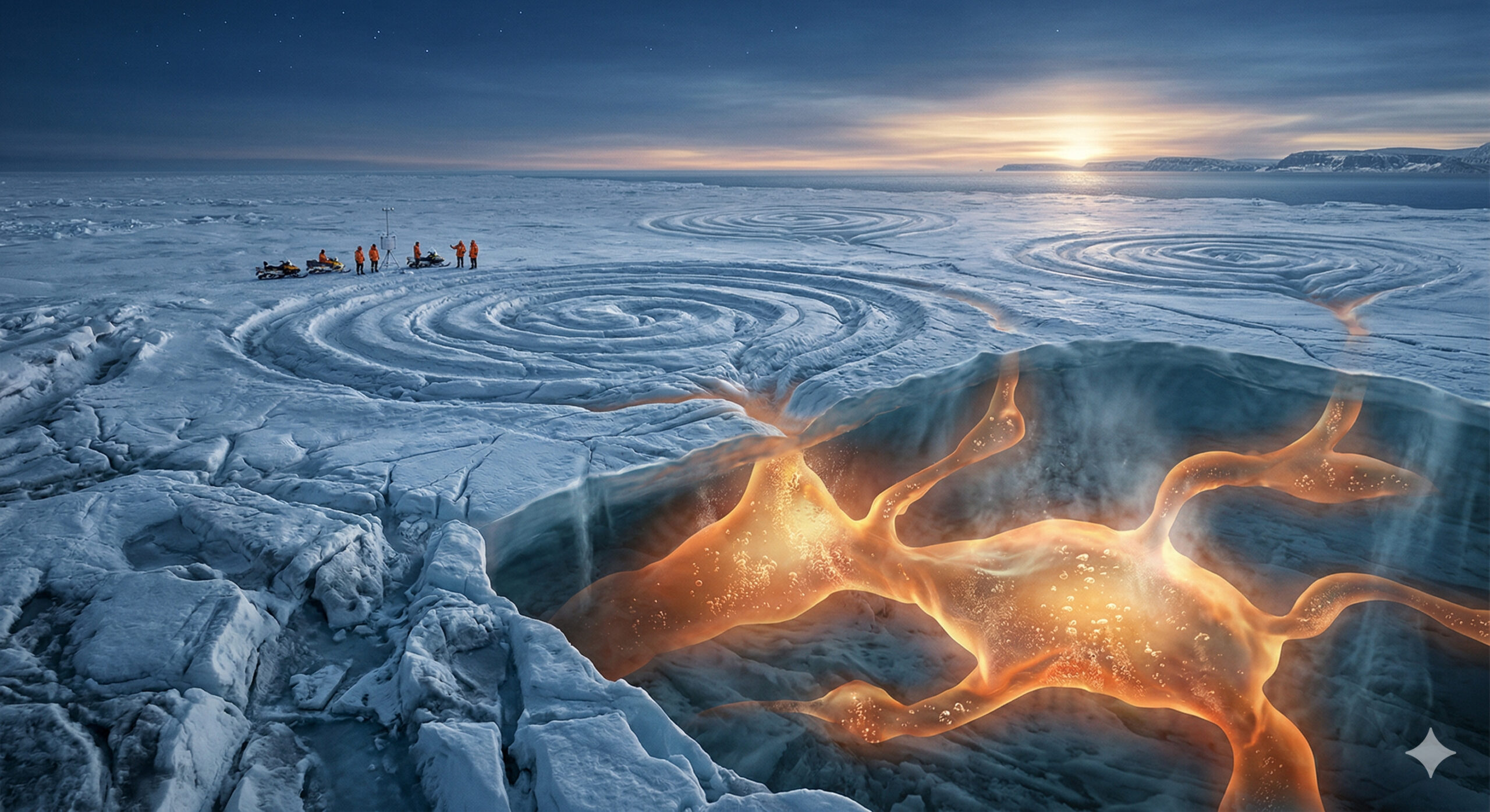 Por mais de 10 anos, cientistas observaram o gelo da Groenlândia se deformar em espirais gigantes sem explicação, agora descobriram que o gelo sólido pode “ferver” por dentro como magma, fenômeno invisível que pode alterar previsões climáticas e envolve uma massa capaz de elevar o nível do mar em até 7 metros