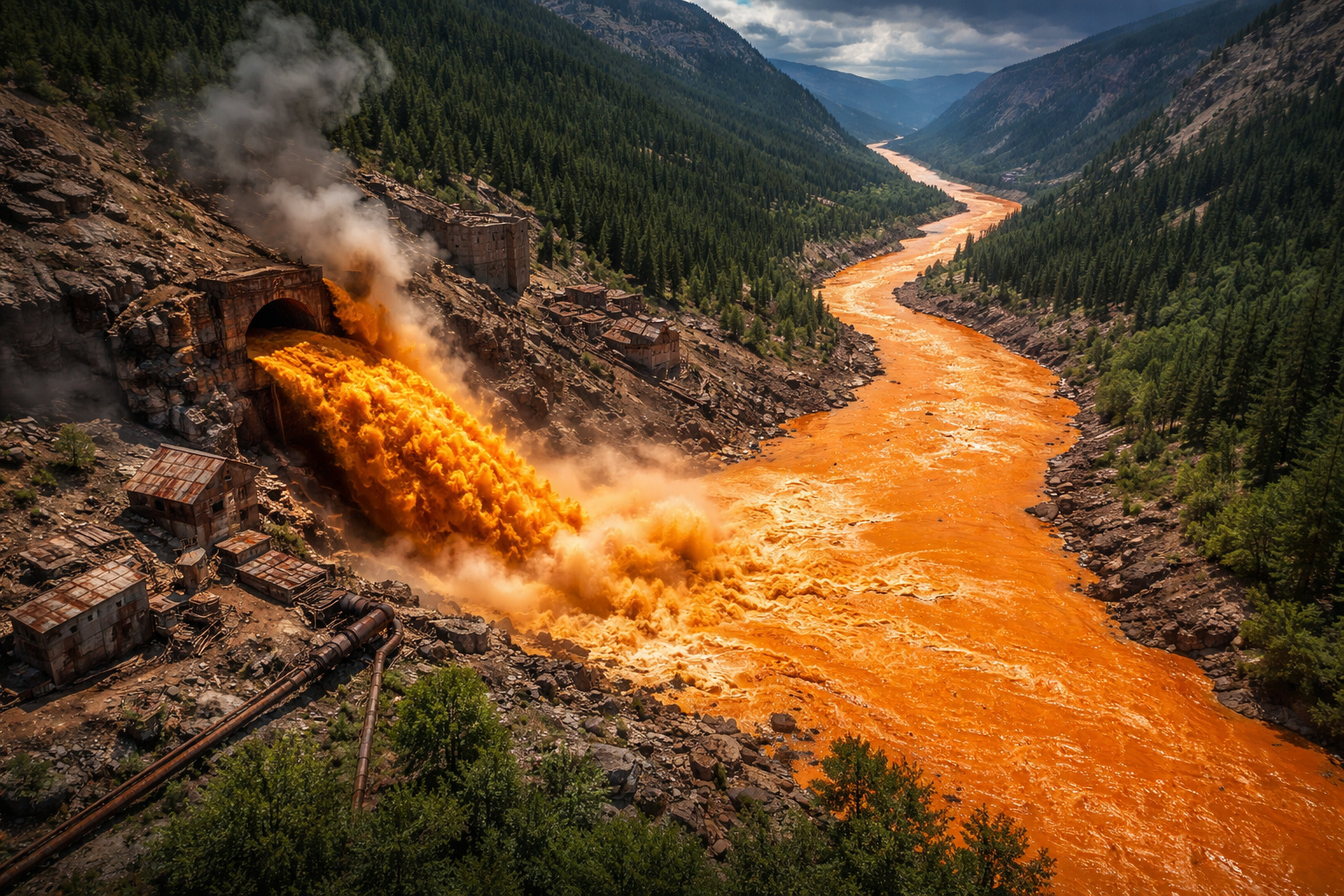 Cerca de 11 milhões de litros de água ácida carregada de metais pesados explodiram de uma mina abandonada e transformaram o rio Animas em um fluxo laranja tóxico visível do espaço, o desastre da Gold King Mine espalhou contaminação por centenas de quilômetros no oeste dos Estados Unidos