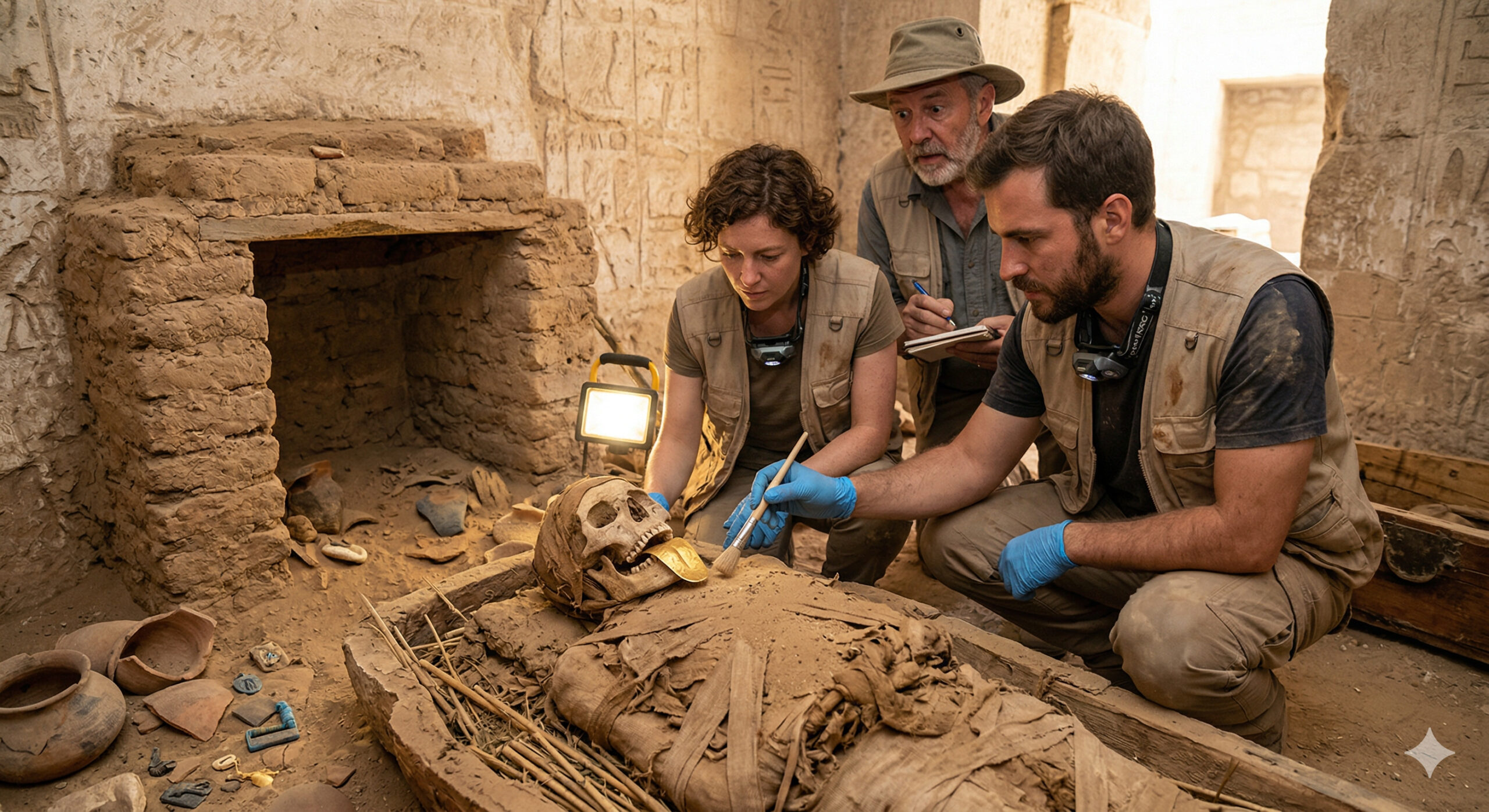 Arqueólogos encontram no Egito múmias com línguas feitas de ouro enterradas há mais de 2.000 anos, descoberta rara surpreende pesquisadores e revela prática funerária incomum