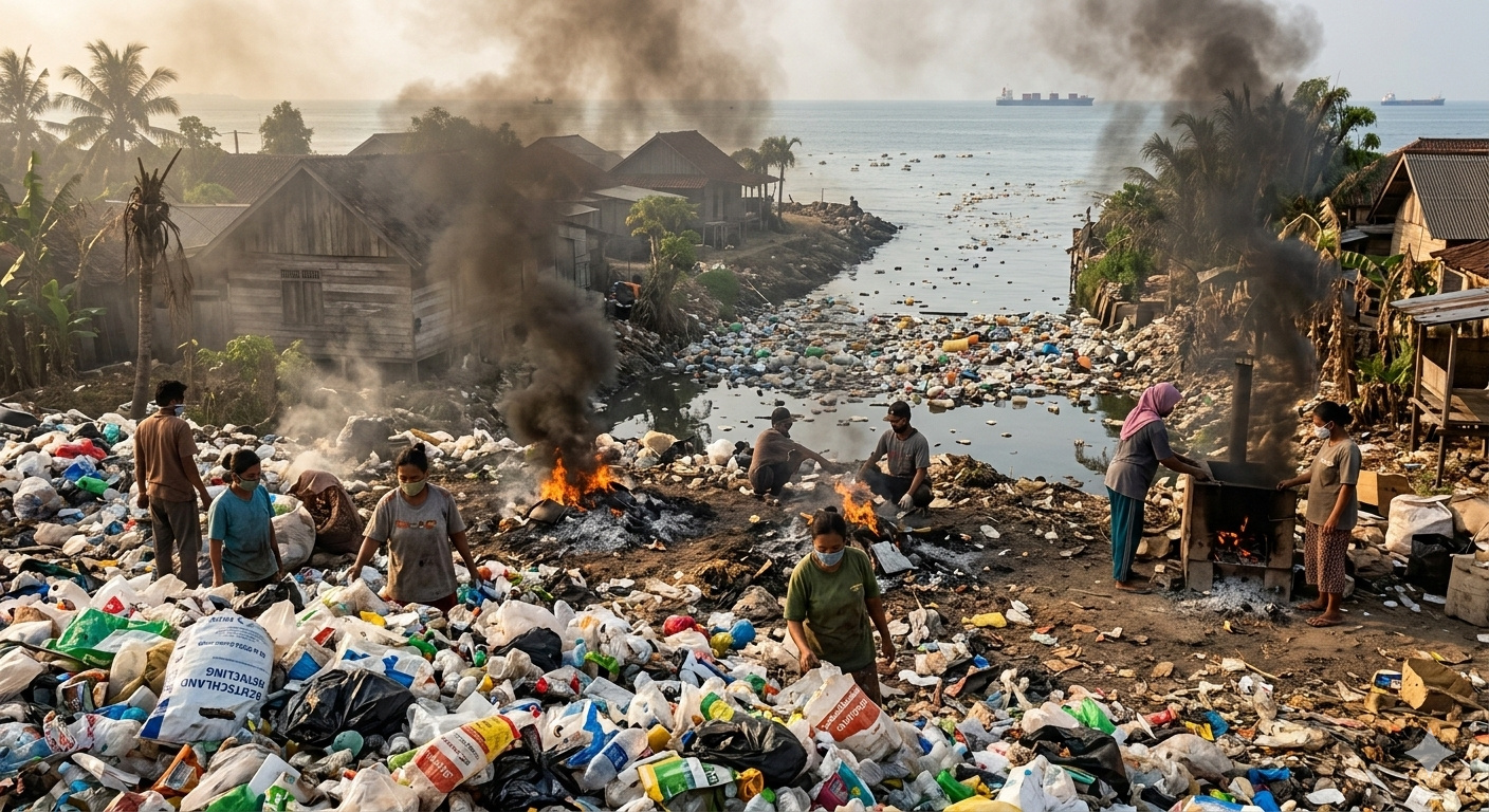 A Indonésia despeja até 1,3 milhão de toneladas de plástico no oceano por ano, volume que a coloca entre os maiores poluidores do planeta, e ainda recebe lixo da Europa, queimado em vilarejos rurais e transformado em fumaça tóxica no cotidiano de comunidades inteiras