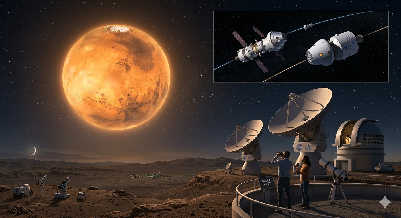 Em setembro de 2035, Marte ficará tão perto da Terra que atingirá seu maior brilho aparente desde 2003 e a janela orbital que isso abre é a mesma que a NASA e a China elegeram como data-alvo para a primeira missão tripulada ao planeta vermelho