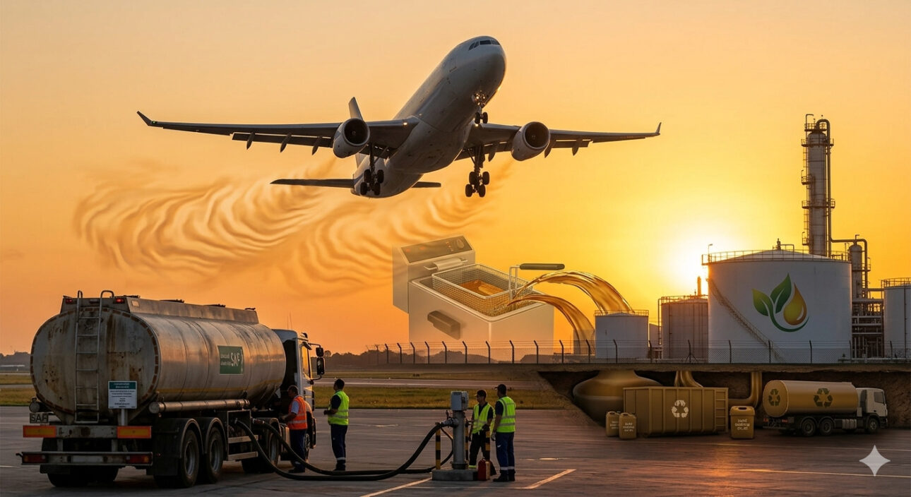 Óleo de fritura descartado vira querosene: como 1 milhão de toneladas de gordura usada estão no centro de um mercado de combustíveis de aviação que pode atrair mais de US$ 1 trilhão em investimentos, já abastecem aviões com até 80% menos emissões e desencadearam uma disputa global por esse resíduo
