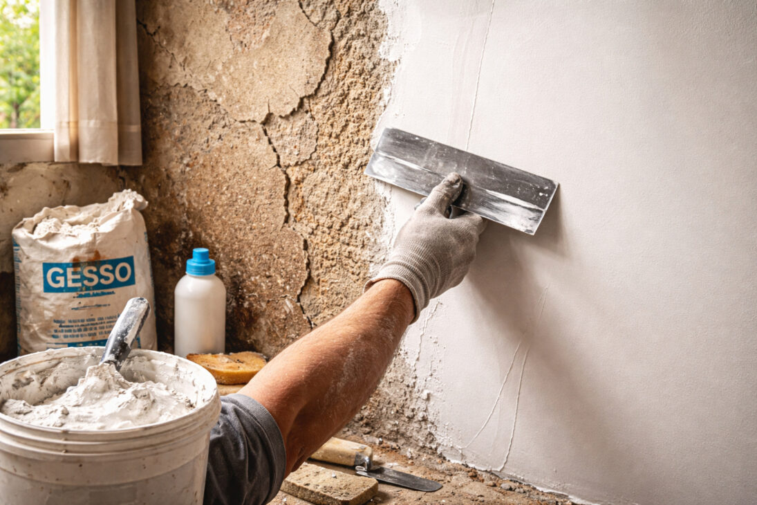 Uma “massa de nivelamento caseira” feita com gesso em pó, cola branca e água nivela paredes internas, cobre imperfeições e prepara a superfície para pintura por menos de R$ 15 por cômodo, enquanto uma lata de massa corrida industrializada para a mesma área custa até R$ R$ 90