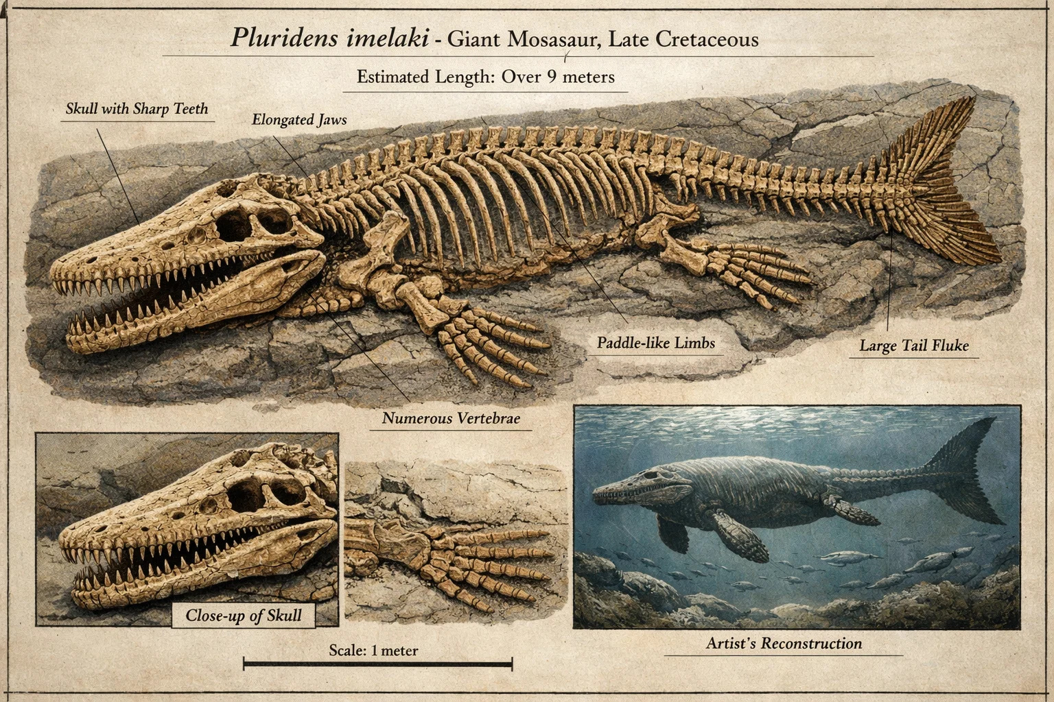 Mosassauro gigante Pluridens imelaki nadando em oceano pré-histórico do período Cretáceo.