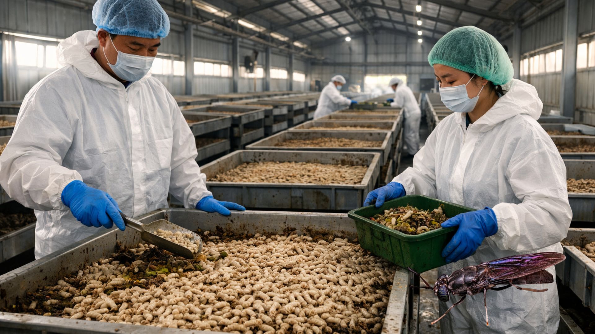 Larvas de mosca-soldado-negra sendo cultivadas em bandejas industriais para produção de proteína sustentável a partir de resíduos orgânicos.