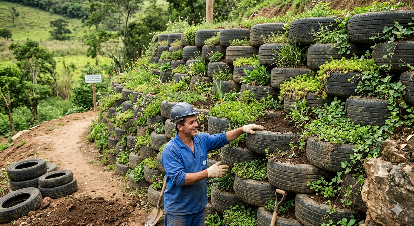 Adeus muro de arrimo caro: construtor ensina como fazer estrutura ecológica com pneus reciclados que segura o solo, reduz custos e reaproveita materiais que iriam para o lixo