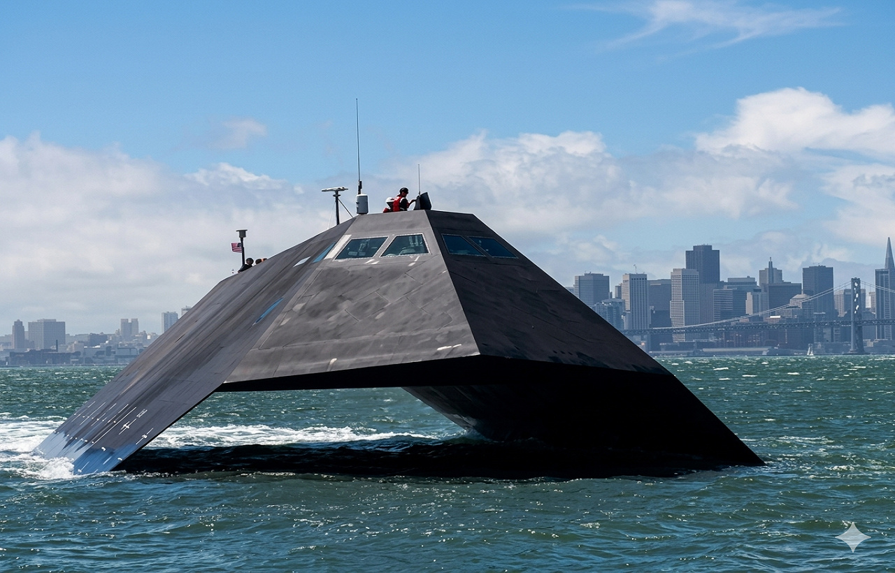 Construído em segredo dentro de uma barcaça com teto à prova de satélite, navio de 49 metros e 560 toneladas com tecnologia stealth desviava ondas de radar como um caça F-117, navegou por quase 10 anos invisível durante a noite e, mesmo após custar 170 milhões de dólares, acabou desmontado e vendido como sucata por apenas 2,5 milhões