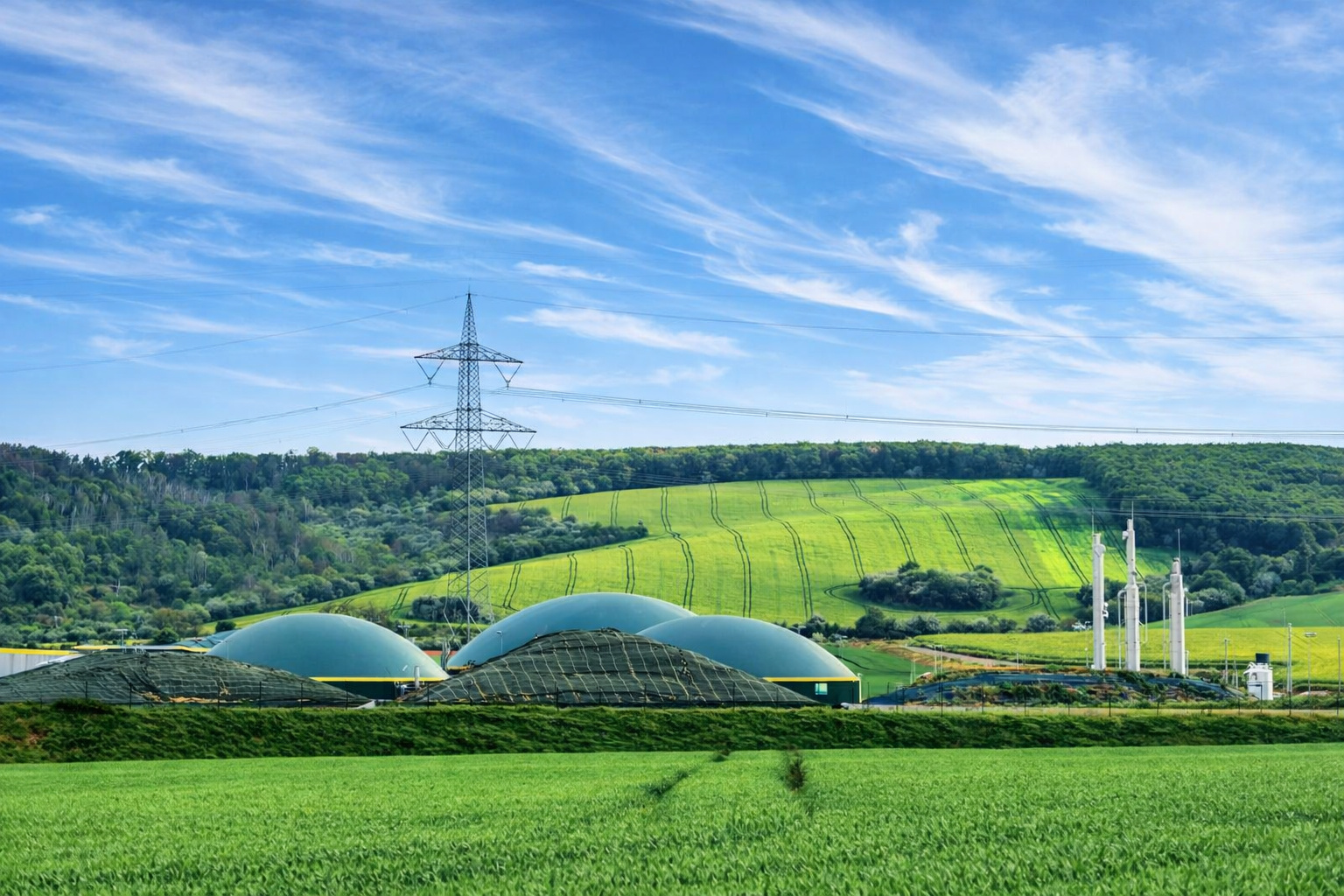 Planta de biogás em área rural com campos verdes e céu azul com rastros de nuvens.